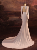 Vintage Wedding Dress Mermaid V Neck White Long Sleeves Backless Satin Long Wedding Dresses Bridal Gowns Brides Gown HZ1214
