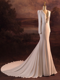 Vintage Wedding Dress Mermaid V Neck White Long Sleeves Backless Satin Long Wedding Dresses Bridal Gowns Brides Gown HZ1214