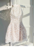 Pretty A Line High Neck White Lace Short Summer Homecoming Dress Hoco Dress Birthday Outfit 21st Birthday Mini Party Dresses HZ1214