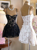 Trendy A Line Spaghetti Straps White Black Lace Mini Short Formal 8th Grade Homecoming Dresses Summer Middle School Hoco Dress Homecoming Outfits HZ1214