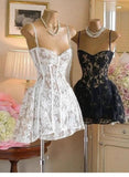 Trendy A Line Spaghetti Straps White Black Lace Mini Short Formal 8th Grade Homecoming Dresses Summer Middle School Hoco Dress Homecoming Outfits HZ1214