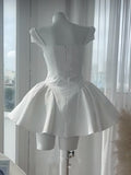 Pretty A line Strapless White Satin Short Formal 8th Grade Homecoming Dresses Summer Middle School Hoco Dress Homecoming Outfits HZ1214