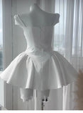 Pretty A line Strapless White Satin Short Formal 8th Grade Homecoming Dresses Summer Middle School Hoco Dress Homecoming Outfits HZ1214