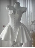 Pretty A line Strapless White Satin Short Formal 8th Grade Homecoming Dresses Summer Middle School Hoco Dress Homecoming Outfits HZ1214
