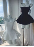 Trendy A Line Spaghetti Straps White Black Satin Mini Short Formal 8th Grade Homecoming Dresses Summer Middle School Hoco Dress Homecoming Outfits HZ1214