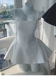 Trendy A Line Spaghetti Straps White Black Satin Mini Short Formal 8th Grade Homecoming Dresses Summer Middle School Hoco Dress Homecoming Outfits HZ1214