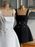 Trendy A Line Square Neck Satin White Mini Short Formal 8th Grade Homecoming Dresses Summer Middle School Hoco Dress Homecoming Outfits HZ1214