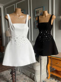 Trendy A Line Square Neck Satin White Mini Short Formal 8th Grade Homecoming Dresses Summer Middle School Hoco Dress Homecoming Outfits HZ1214