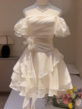 Pretty A line Off The Shoulder Chiffon White Short Formal 8th Grade Homecoming Dresses Summer Middle School Hoco Dress Homecoming Outfits HZ1214