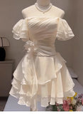 Pretty A line Off The Shoulder Chiffon White Short Formal 8th Grade Homecoming Dresses Summer Middle School Hoco Dress Homecoming Outfits HZ1214