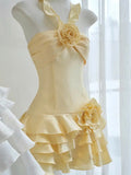 Trendy A Line Halter Yellow Chiffon Mini Short Formal 8th Grade Homecoming Dresses Summer Middle School Hoco Dress Homecoming Outfits HZ1214