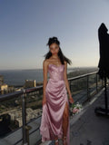 Elegant A line Sweetheart Pink Slit Satin Long Prom Dresses Party Dress Summer 20th Birthday Outfits 18th Birthday Dresses HZ1214