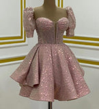 Fancy Short Hoco Dresses A line Sweetheart Pink Sequin Mini Formal 8th Grade Homecoming Dresses Summer Middle School Homecoming Outfits HZ1214