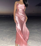 Elegant A line Halter Pink Satin Long Prom Dresses Party Dress Summer 20th Birthday Outfits 18th Birthday Dresses HZ1214