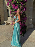 Elegant A Line Spaghetti Straps Blue Satin Long Prom Dresses Party Dress Summer 20th Birthday Outfits 18th Birthday Dresses HZ1214