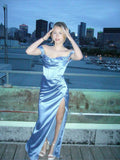 Elegant A Line Off The Shoulder Slit Blue Satin Long Prom Dresses Party Dress Summer 20th Birthday Outfits 18th Birthday Dresses HZ1214
