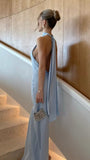 Elegant Mermaid High Neck Blue Satin Backless Long Prom Dresses Party Dress Summer 21st Birthday Outfits 18th Birthday Dresses HZ1214
