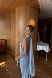Elegant Mermaid High Neck Blue Satin Backless Long Prom Dresses Party Dress Summer 21st Birthday Outfits 18th Birthday Dresses HZ1214