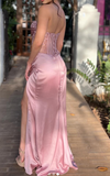 Elegant Sheath Sweetheart Pink Slit Satin Long Prom Dresses Party Dress Summer 20th Birthday Outfits 18th Birthday Dresses HZ1214