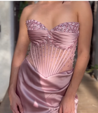 Elegant Sheath Sweetheart Pink Slit Satin Long Prom Dresses Party Dress Summer 20th Birthday Outfits 18th Birthday Dresses HZ1214