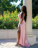 Elegant Sheath Sweetheart Pink Slit Satin Long Prom Dresses Party Dress Summer 20th Birthday Outfits 18th Birthday Dresses HZ1214
