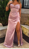 Elegant Sheath Sweetheart Pink Slit Satin Long Prom Dresses Party Dress Summer 20th Birthday Outfits 18th Birthday Dresses HZ1214
