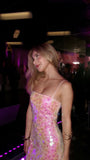 Elegant Sheath Spaghetti Straps Pink Sequin Long Prom Dresses Party Dress Summer 20th Birthday Outfits 18th Birthday Dresses HZ1214