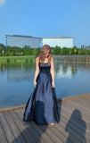Elegant A Line Spaghetti Straps Navy Blue Satin Long Prom Dresses Party Dress Summer 20th Birthday Outfits 18th Birthday Dresses HZ1214