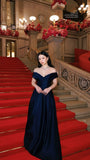 Elegant A Line Off The Shoulder Navy Blue Satin Long Prom Dresses Party Dress Summer 20th Birthday Outfits 18th Birthday Dresses HZ1214