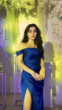 Elegant Sheath Off The Shoulder Navy Blue Satin Slit Long Prom Dresses Party Dress Summer 20th Birthday Outfits 18th Birthday Dresses HZ1214