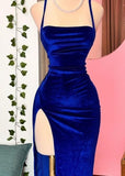Elegant Sheath Spaghetti Straps Royal Blue Slit Prom Dresses Party Dress Summer 20th Birthday Outfits 18th Birthday Dresses HZ1214