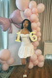 Pretty Sheath Spaghetti Straps White Sleeveless Short Formal 8th Grade Homecoming Dresses Summer Middle School Hoco Dress Homecoming Outfits HZ1214