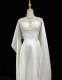 Vintage Wedding Dress A line Spaghetti Straps White Satin Sleeveless Long Vintage Wedding Dresses Bridal Gowns Brides Gown With Cape HZ1214