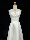 Vintage Wedding Dress A line Spaghetti Straps White Satin Sleeveless Long Vintage Wedding Dresses Bridal Gowns Brides Gown With Cape HZ1214
