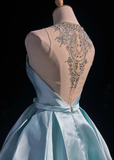 Pretty Ball Gown Scoop Neck Blue Satin Silver Beads Short Formal 8th Grade Homecoming Dresses Summer Middle School Hoco Dress 6th Grade Graduation Outfits HZ1214