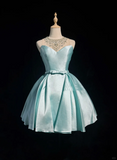 Pretty Ball Gown Scoop Neck Blue Satin Silver Beads Short Formal 8th Grade Homecoming Dresses Summer Middle School Hoco Dress 6th Grade Graduation Outfits HZ1214