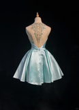 Pretty Ball Gown Scoop Neck Blue Satin Silver Beads Short Formal 8th Grade Homecoming Dresses Summer Middle School Hoco Dress 6th Grade Graduation Outfits HZ1214