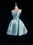 Pretty Ball Gown Scoop Neck Blue Satin Silver Beads Short Formal 8th Grade Homecoming Dresses Summer Middle School Hoco Dress 6th Grade Graduation Outfits HZ1214