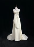 Vintage Wedding Dress A line Strapless Chiffon White Sleeveless Long Beach Wedding Dresses Bridal Gowns Brides Gown With Beads HZ1214