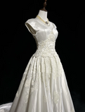 Vintage Wedding Dress 1950s 1940s Ball Gown V Neck Lace White Long Wedding Dresses Bridal Gowns Brides Gown HZ1214