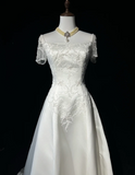 Retro Wedding Dress 1950s 1940s A line Square Neck Satin White Long Wedding Dresses Bridal Gowns Brides Gown HZ1214