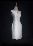 Modest Wedding Dress Sheath Scoop White Satin Summer Short Wedding Dresses Bride Dress Bridal Gowns HZ1214