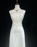 Vintage Wedding Dress 1970s High Low Strapless Lace White Long Wedding Dresses Bridal Gowns Elegant Brides Gown HZ1214