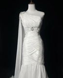 Retro Wedding Dress 1950s 1940s Mermaid One Shoulder Chiffon White Long Wedding Dresses Bridal Gowns Brides Gown HZ1214