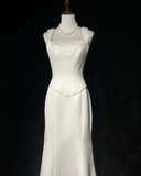 Vintage Wedding Dress 1970s Mermaid Square Neck Satin White Long Wedding Dresses Bridal Gowns Elegant Brides Gown HZ1214