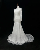 Vintage Wedding Dress 1970s Mermaid Scoop Neck Long Sleeves Lace White Long Wedding Dresses Bridal Gowns Elegant Brides Gown HZ1214