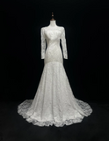 Vintage Wedding Dress 1970s Mermaid Scoop Neck Long Sleeves Lace White Long Wedding Dresses Bridal Gowns Elegant Brides Gown HZ1214