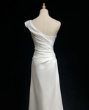 Retro Wedding Dress 1950s 1940s A Line One Shoulder Satin White Long Wedding Dresses Bridal Gowns Brides Gown HZ1214