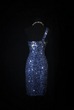 Cute Sheath One Shoulder Navy Blue Sequin Formal 8th Grade Homecoming Dresses Summer Middle School Hoco Dress Homecoming Outfits HZ1214