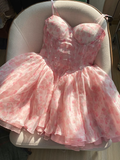 Cute Ball Gown Spaghetti Straps Floral Pink Short Homecoming Dress Summer Middle School Formal 8th Grade Hoco Dresses Summer Homecoming Outfits HZ1214